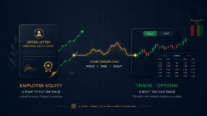 Diagram comparing employee stock options and traded call/put options, showing how both are a right linked to a price and deadline