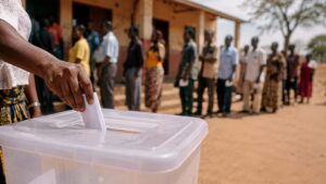 Zambian voter casting a ballot into a transparent ballot box during a general election, with a queue of voters waiting in line